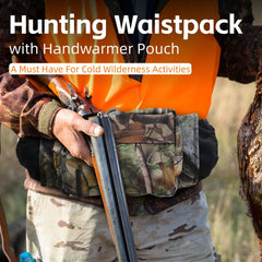Yoidesu handwarmer pouch camo side view highlights convenient storage while hiking.