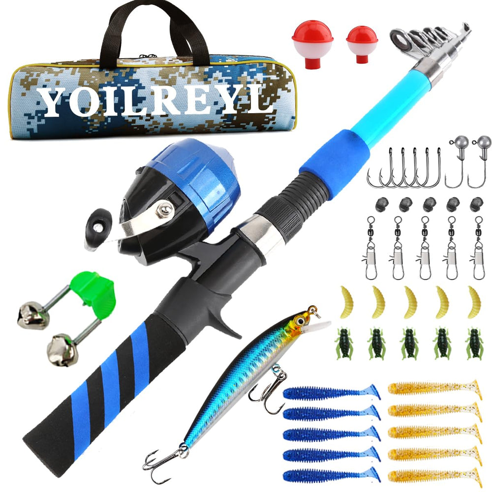 Yoilreyl kids fishing rod and reel with push-button cast for easy beginner fishing.