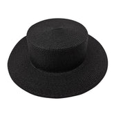 YOLAI Black Straw Panama Flat Top Hat, front view showing wide brim and silhouette.