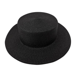 YOLAI Black Straw Panama Flat Top Hat, front view showing wide brim and silhouette.
