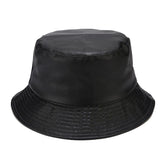 yolrdiw women's PU leather bucket hat front view shows reversible style and sun protection.