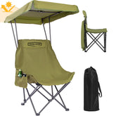 YOUNG WOOD camping chair open with sunshade for portable shade and comfort.