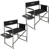 YOUNG WOOD camping directors chair with side table, showing portable setup for outdoor use.