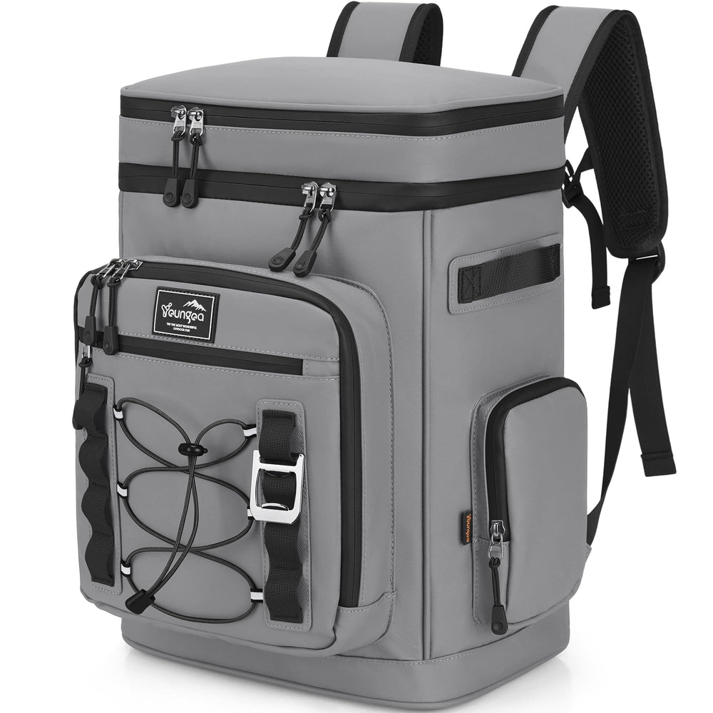 YOUNGOA 42Cans cooler backpack front view shows spacious insulated storage for beach outings.