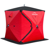 Red Your Choice 3-4 Person Pop-Up Ice Fishing Shelter set up on ice