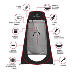 Your Choice Pop Up Privacy Tent shower setup with ceiling zipper for overhead rinsing.