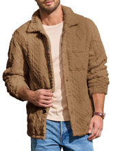 Yousify men's fuzzy sherpa jacket front view highlights warm fleece and easy-on button closure