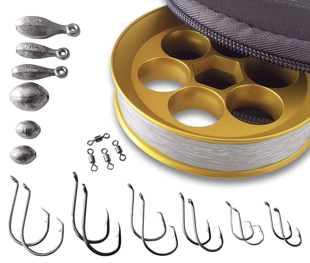 Yoyito aluminum hand line reel in gold for portable fishing use.