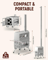 YRenZ tent stove and oven assembled for quick setup and efficient outdoor cooking