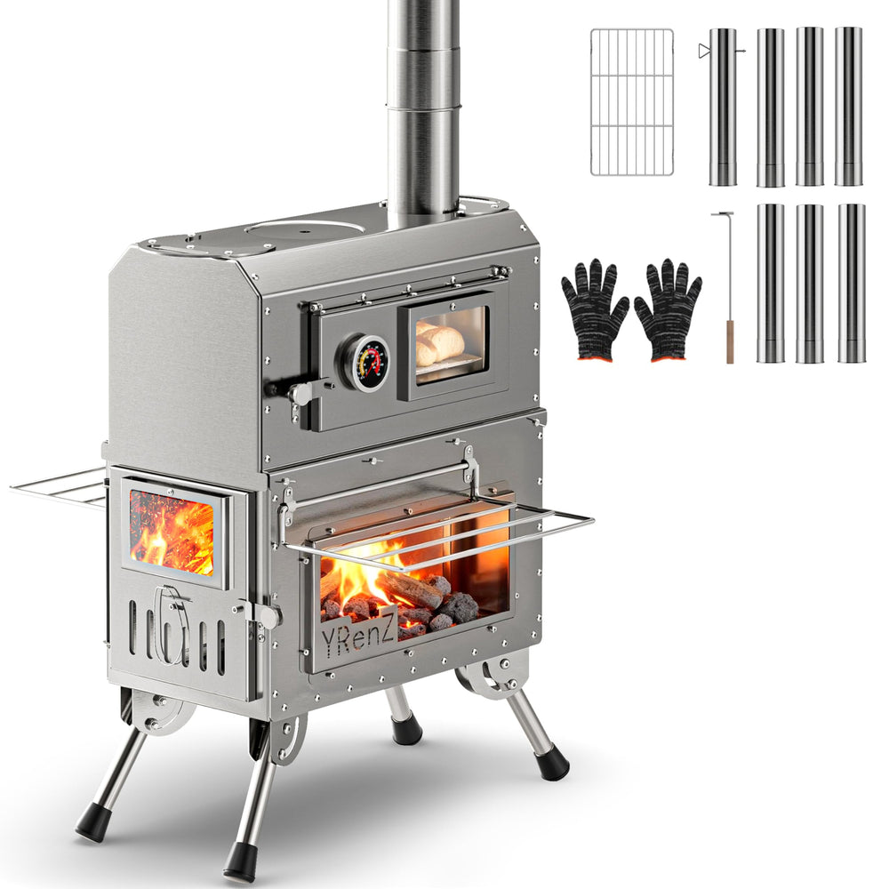 YRenZ tent stove with oven glass door for easy temperature monitoring during camp cooking
