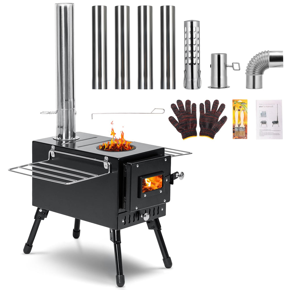 YRenZ wood stove with seven chimney pipes delivering steady outdoor warmth
