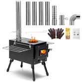 YRenZ wood stove with seven chimney pipes delivering steady outdoor warmth