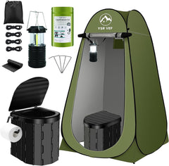 YSR VEF Portable Camping Toilet Kit folded into a compact backpack for easy carry.