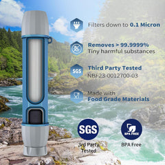 Yuclet water filter straw closeup highlights 0.1 micron filtration and microplastics reduction.