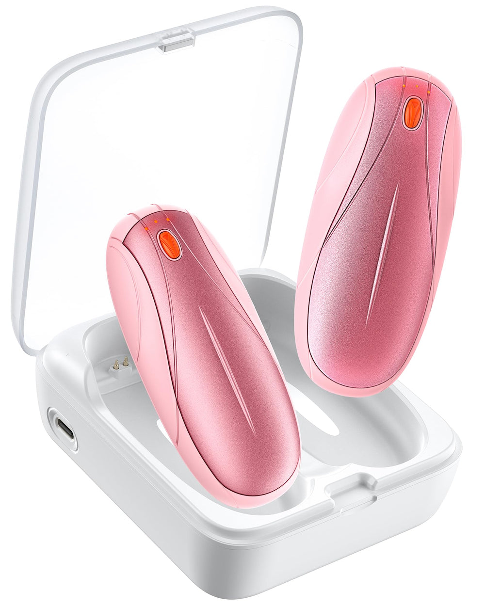 Yuegit pink hand warmers with charging case provide portable warmth for long outings.