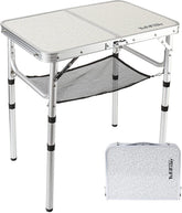 YUFIFAIRY small folding table with mesh holders for organized outdoor snacks.