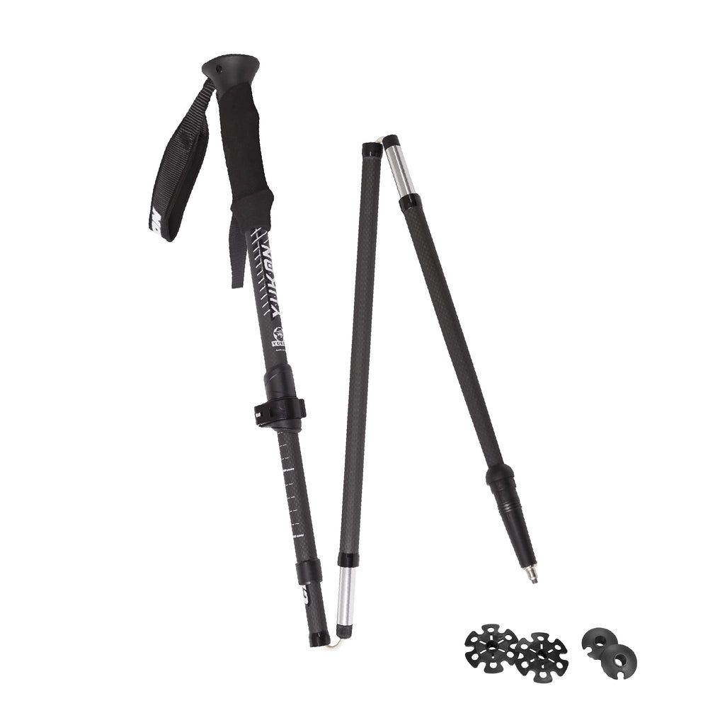 Yukon Charlie's Carbon Lite Flip Out poles folded compactly for easy backpack carry.