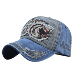 YULOONG vintage denim cap with embroidered shark for stylish sun protection outdoors.