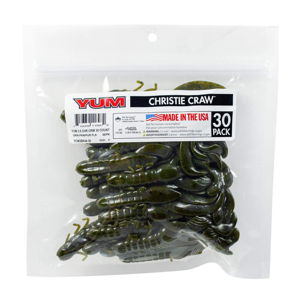 Yum Christie Craw Green Pumpkin Purple Flake 3.5-inch bait ready for jig trailer and bass strikes.