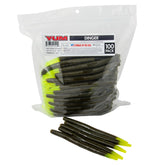 YUM Dinger close-up, green pumpkin chartreuse lure, versatile bass lure for various rigs.