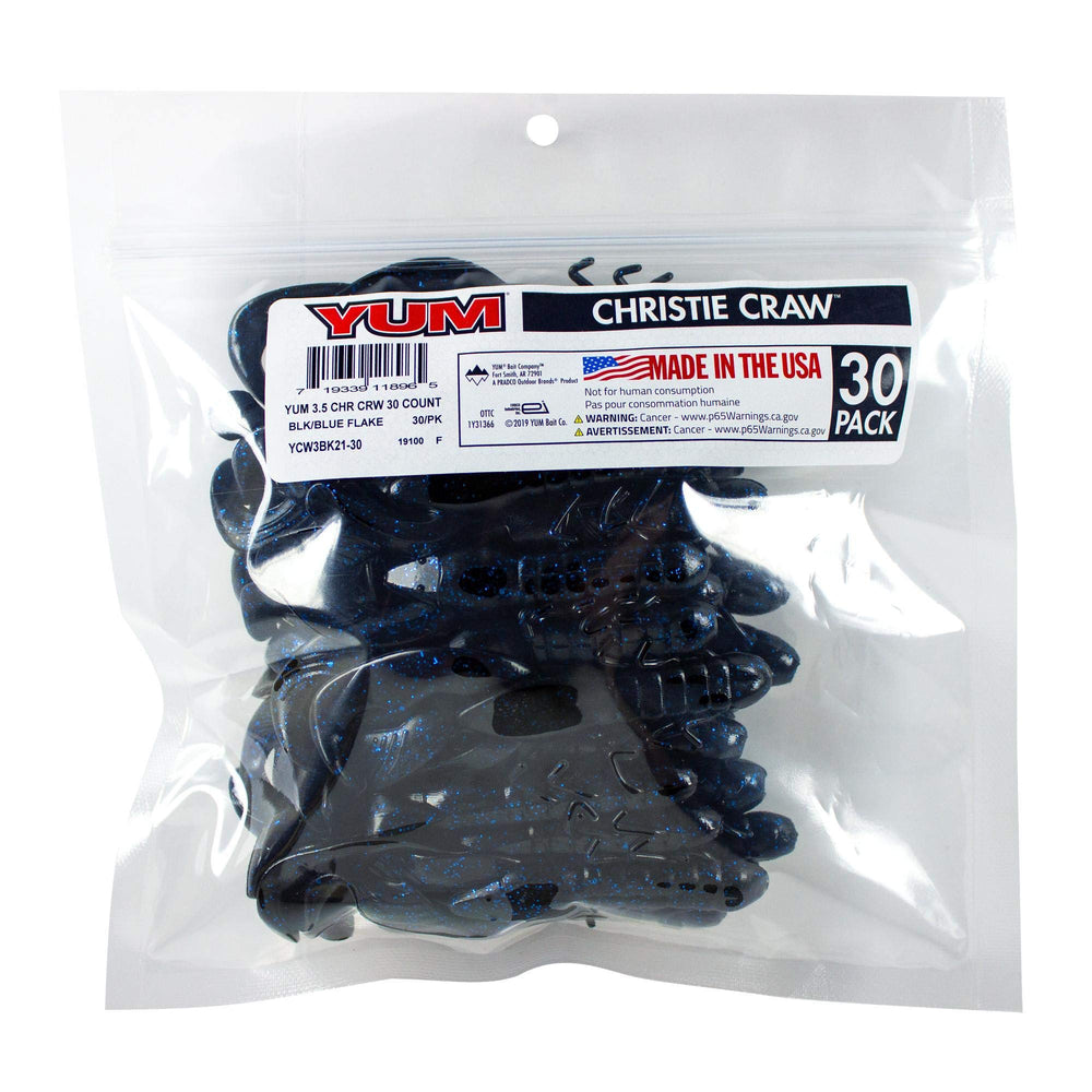 Yum Lures Christie Craw bulk pack in black blue flake, ideal for bass flipping and jig trailers.