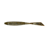 Yum Lures Warn Shot green pumpkin with ribbed body ready for finesse bass fishing in clear water.