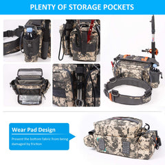 YVLEEN Sling fishing tackle bag left pocket for tools keeps small items easily accessible.