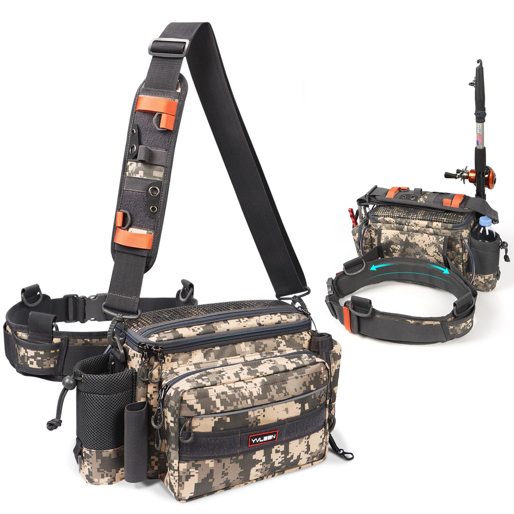 YVLEEN Sling fishing tackle bag water-resistant exterior for all-weather storage.