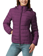 YZG down jacket women purple hood detachable; versatile winter warmth for cold commutes.