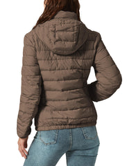 YZG women's down jacket packed in its pocket for easy travel