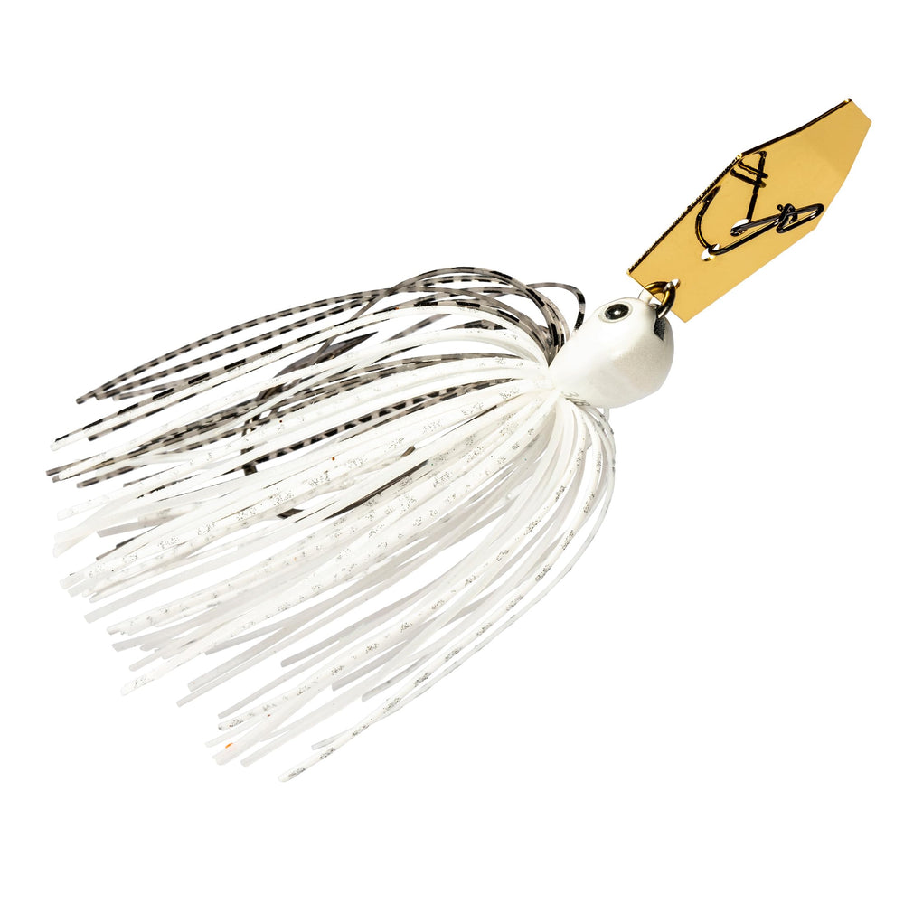 Z-Man Chatterbait JackHammer Dirty White head geometry promotes stable retrieves.