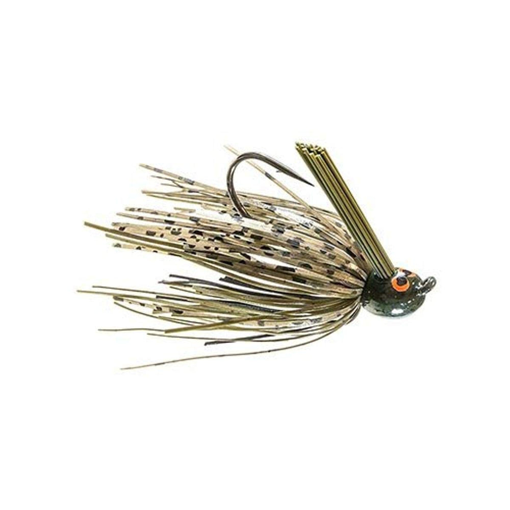 Z-MAN CrossEyeZ flipping jig in green pumpkin for shallow waters, strong hook and skirt action for cover.