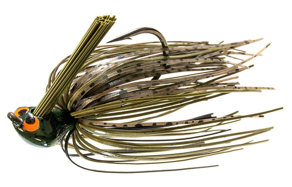Z-MAN CrossEyeZ flipping jig in Green Pumpkin with 4/0 hook for shallow-water cover.