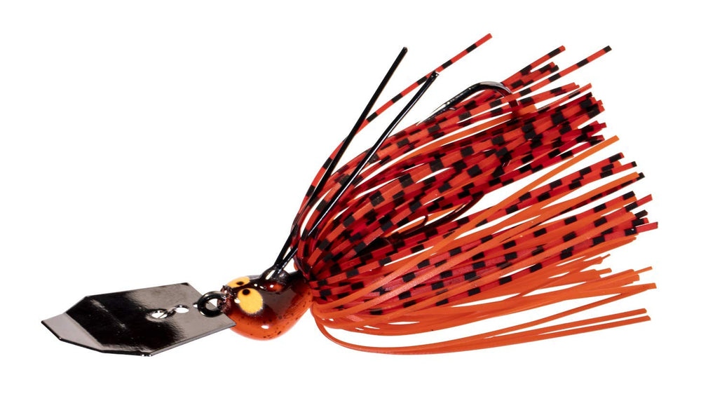 Z-Man CrossEyeZ ChatterBait 38oz Fire Craw boosts attraction and snag resistance during retrieves.