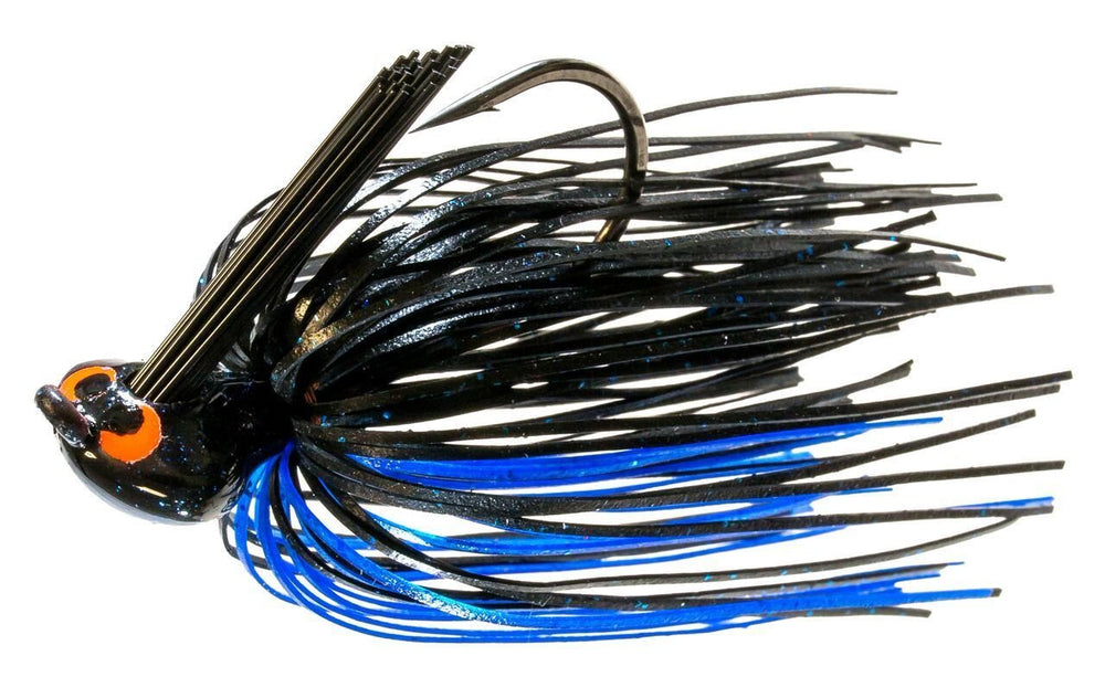 Z-Man CrossEyeZ flipping jig head in black and blue, optimized for shallow-water cover bites.