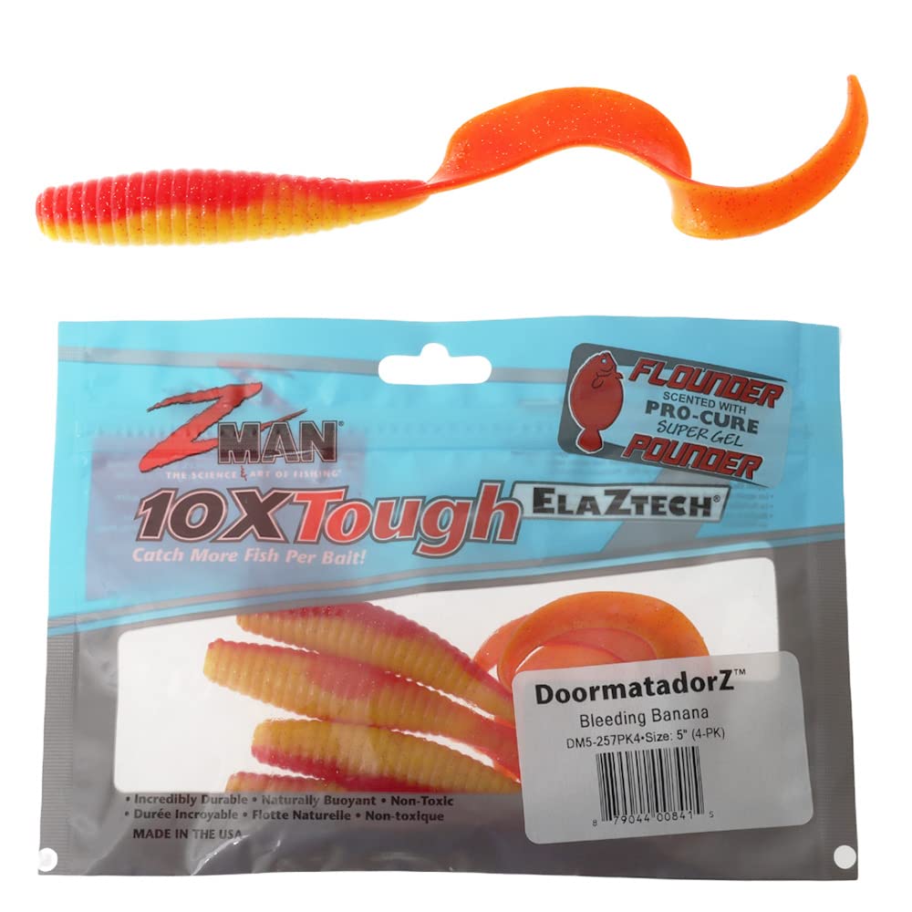 Z-MAN Doormatadorz 5-Banana tail lure visible for fluke fishing.