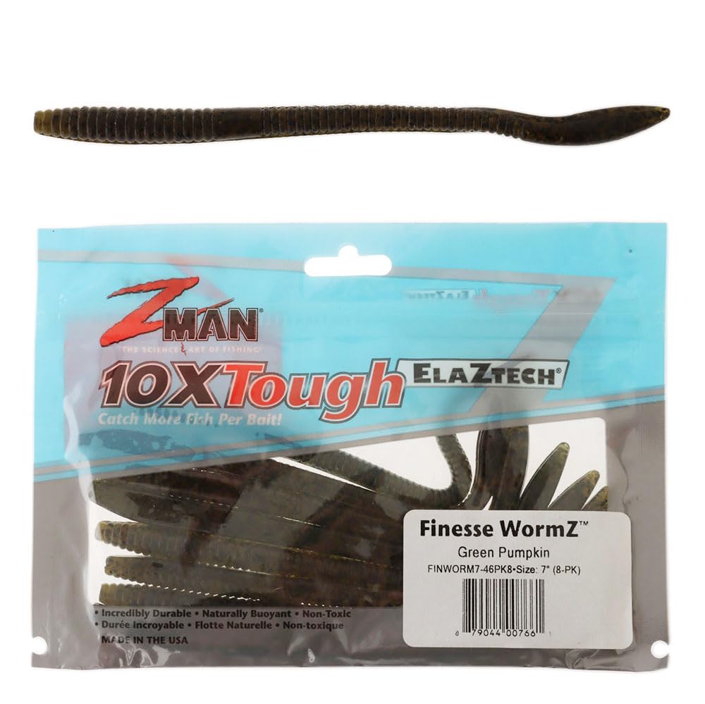Z-Man Finesse WormZ 7-inch green pumpkin front view shows buoyant tail for finesse rigs.