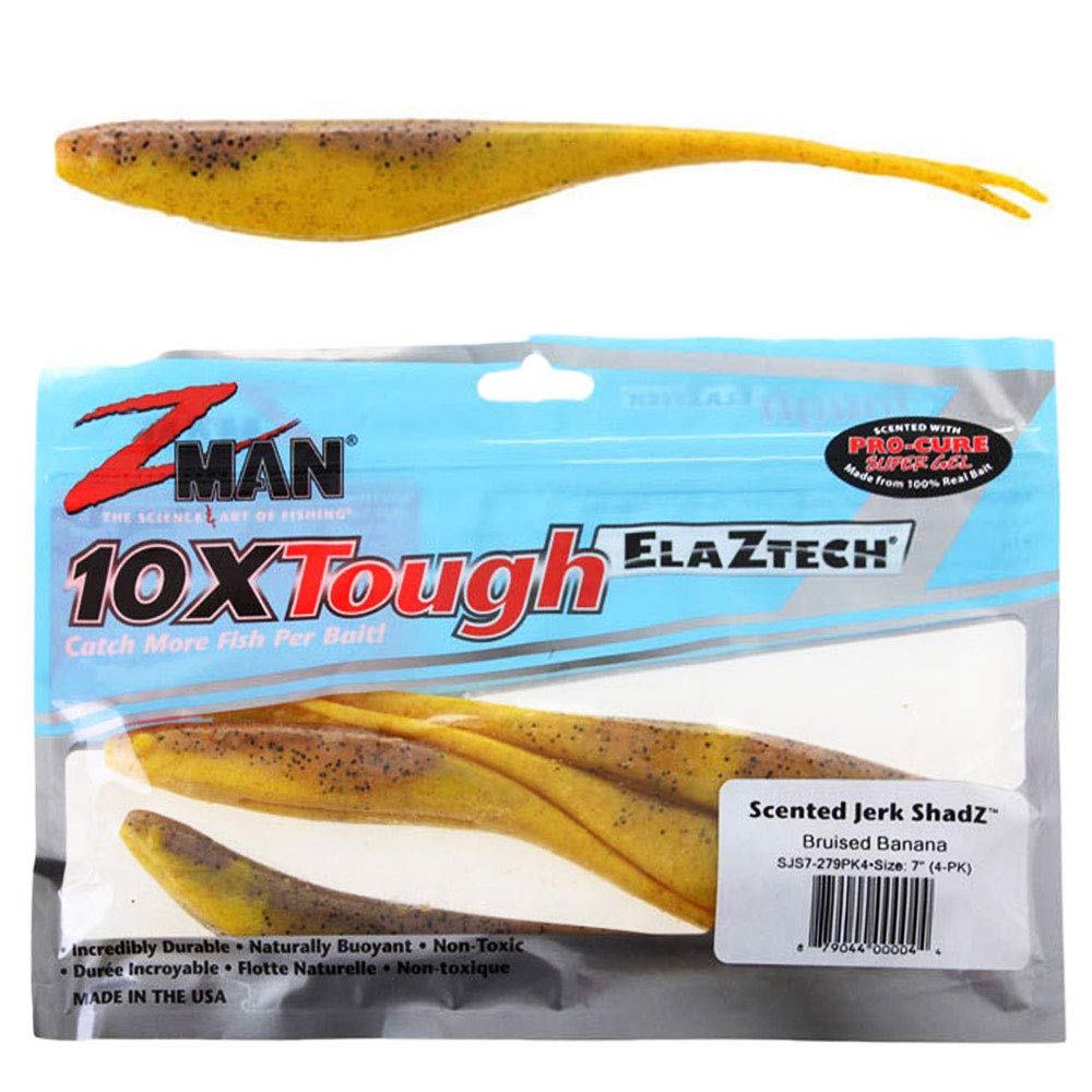 Z-MAN Scented Jerk ShadZ 7-inch Bruised Banana lure ready for big bites.