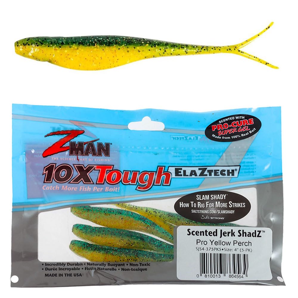 Z-Man SJS4-375PK5 Scented Jerk Shadz lure in pro yellow perch color for inshore fishing.