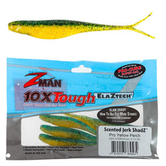 Z-Man SJS4-375PK5 Scented Jerk Shadz lure in pro yellow perch color for inshore fishing.