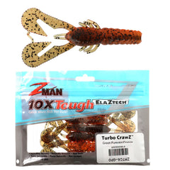 Z-Man Turbo CrawZ Green Pumpkin Orange pack shows durable ElaZtech construction for rugged fishing days.