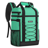 ZAKEEP cooler backpack front view highlighting 36-can capacity in mint green for outdoor meals