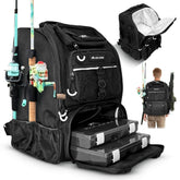 Front view of Zaloom 45L waterproof fishing backpack with tackle boxes