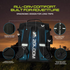 Rod holders and multiple compartments for organized gear