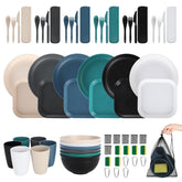 ZANAUWEKED 66pc wheat straw dinnerware box set organized for camping meals.