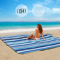ZAZE beach blanket blue stripe on sand for family lounging and sand-free comfort.