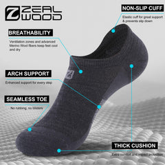 ZEALWOOD Merino Wool No Show Socks side view highlighting breathable mesh for cooler feet.