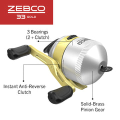 Zebco 33 Max Gold graphite frame shown for lightweight handling