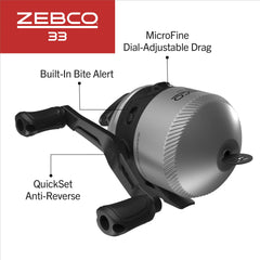 Zebco 33 MAX close-up of dual ceramic pickup pins for reliability.