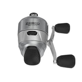 Zebco 33 Platinum front view with a sleek silver reel and durable metal frame